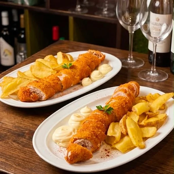 Flamenquín casero con patatas y alioli